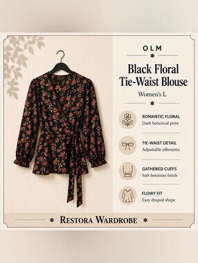 OLM Black Floral Long Sleeve Tie Waist Blouse L Romantic Whimsy Goth